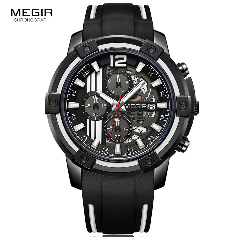 Megir Военные Спортивные кварцевые часы для мужчин Топ бренд класса люкс армейские наручные часы с хронографом мужские Relogios Relojes Masculino 2097 желтый - Цвет: MN2097G-Black
