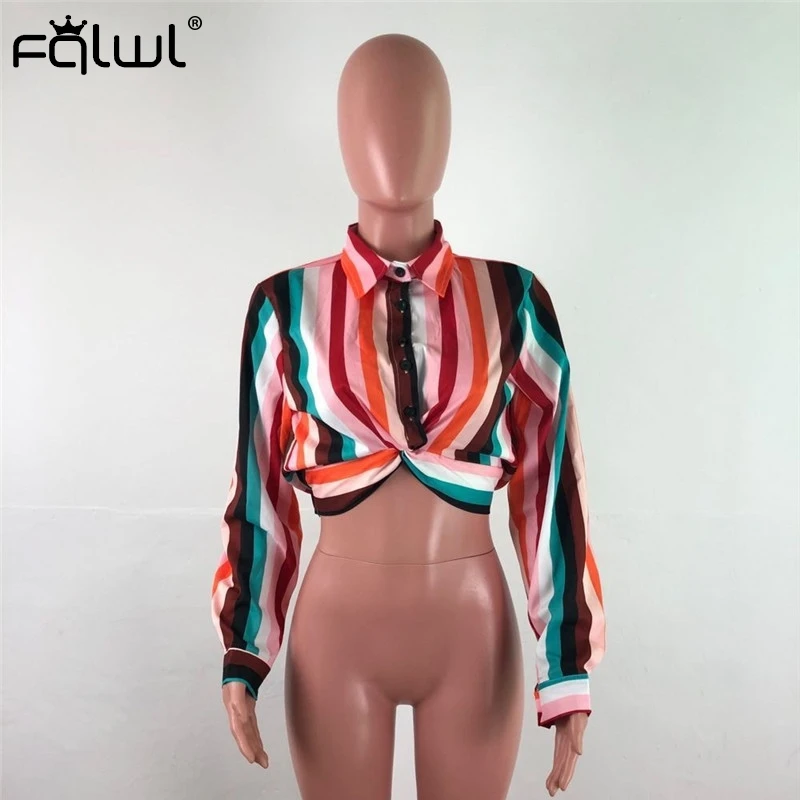 FQLWL в радужную полоску сексуальные рубашки Для женщин наряды блузки с длинными рукавами, на пуговицах, с отложным воротником V образным вырезом Повседневное летние рубашки