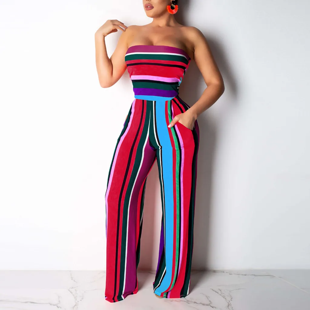 

YOUYEDIAN rainbow Women Off-Shoulder Long Sleeve Playsuit Party Jumpsuit Woman Casual Solid Bandage Romper Summer Clubwear #3