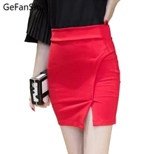 Женские модные юбки тонкий сексуальный Асимметричный Подол Открытый Сплит Bodycon женские юбки-Карандаш Мини Сексуальная юбка стрейч ткани черный красный