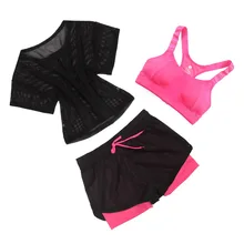 Комплект из 3 предметов Для женщин Фитнес Йога, комплект одежды для девочек из футболки и бюстгальтер укороченные шорты спортивный костюм тренировочный комплект одежды