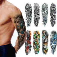 Временные татуировки наклейки для мужчин татуировки рукава тела рука Вспышка татуировки водонепроницаемые переводные наклейки череп цветок металлик татуировки