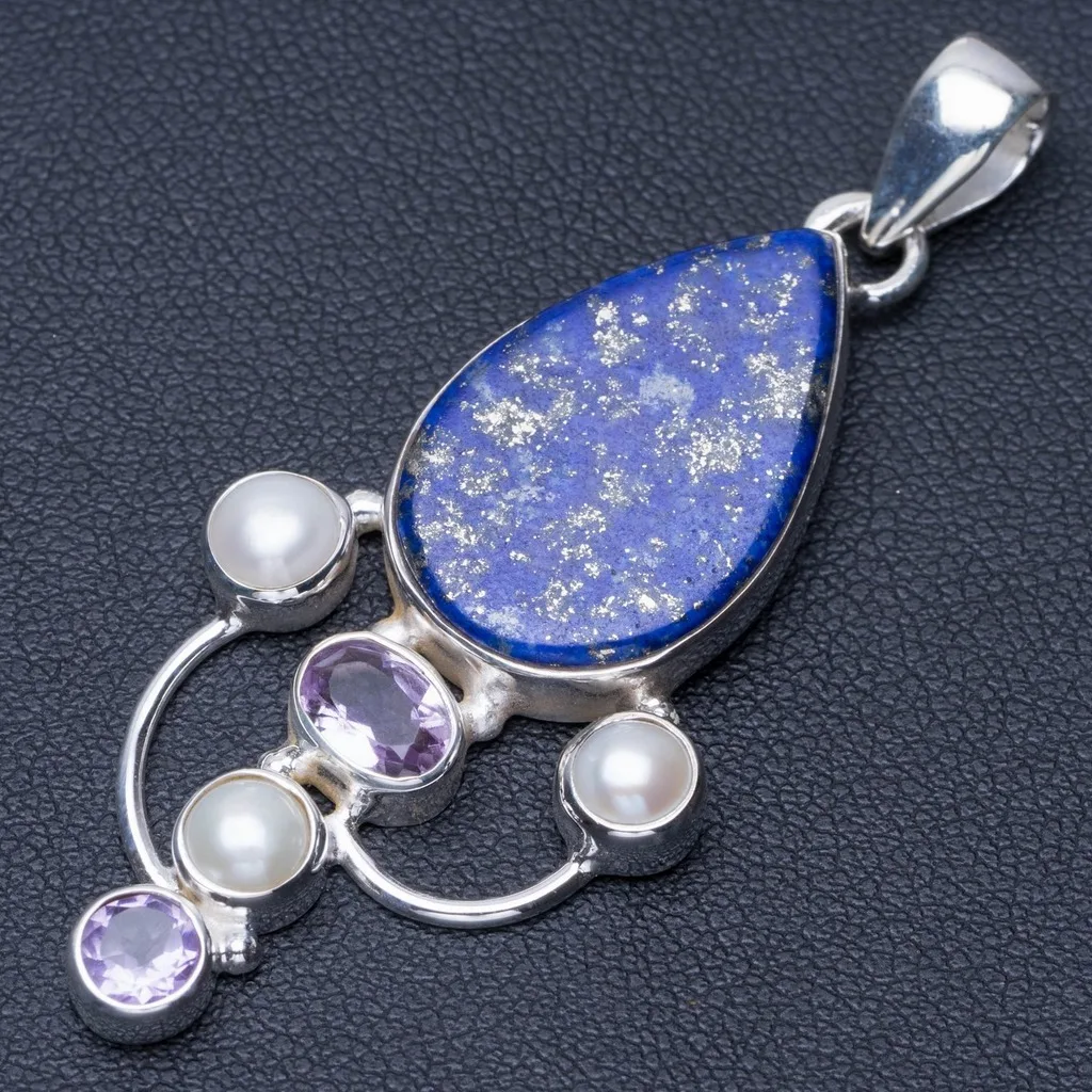 

Natural Lapis Lazuli,River Pearl and Amethyst Punk Style 925 Sterling Silver Pendant 2 1/4" Q0331