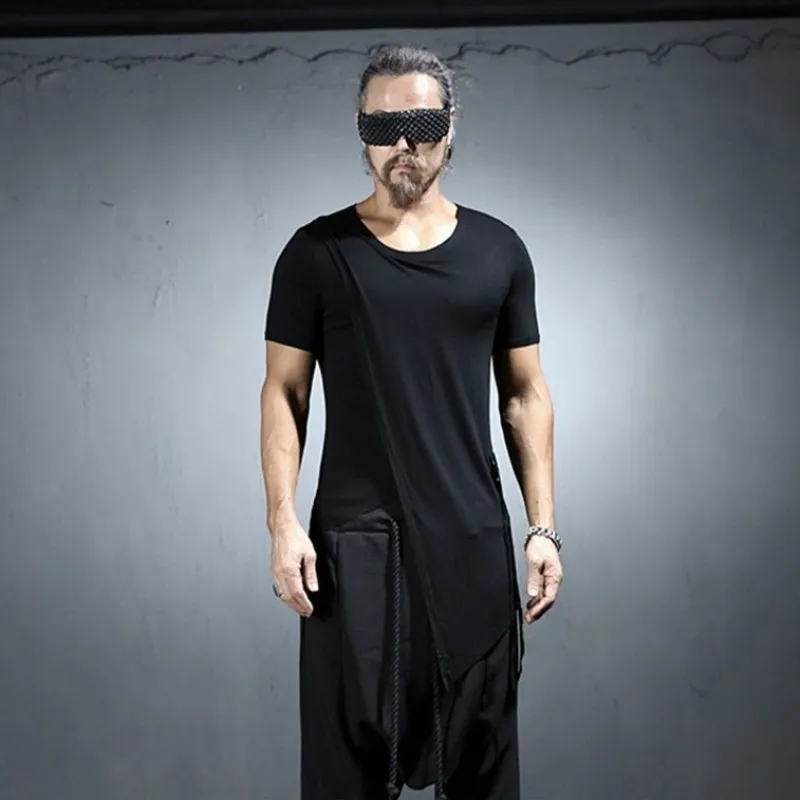 

New Summer Asymmetric Length Mens T-Shirt O-Neck Patchwork Short Sleeve T-Shirt Male Lace Up Fashion Brand Man Clothes Top Tees