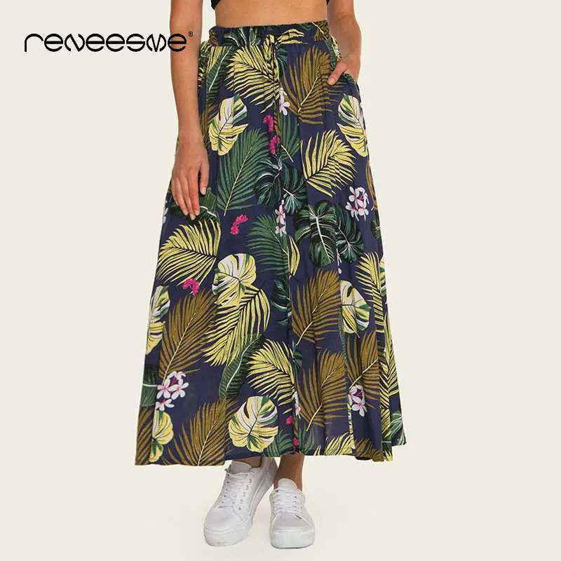 

2019 new summer women skirt a line long bohemian casual ankle-length high waist ladies skirt print maxi pleated skirt plus size