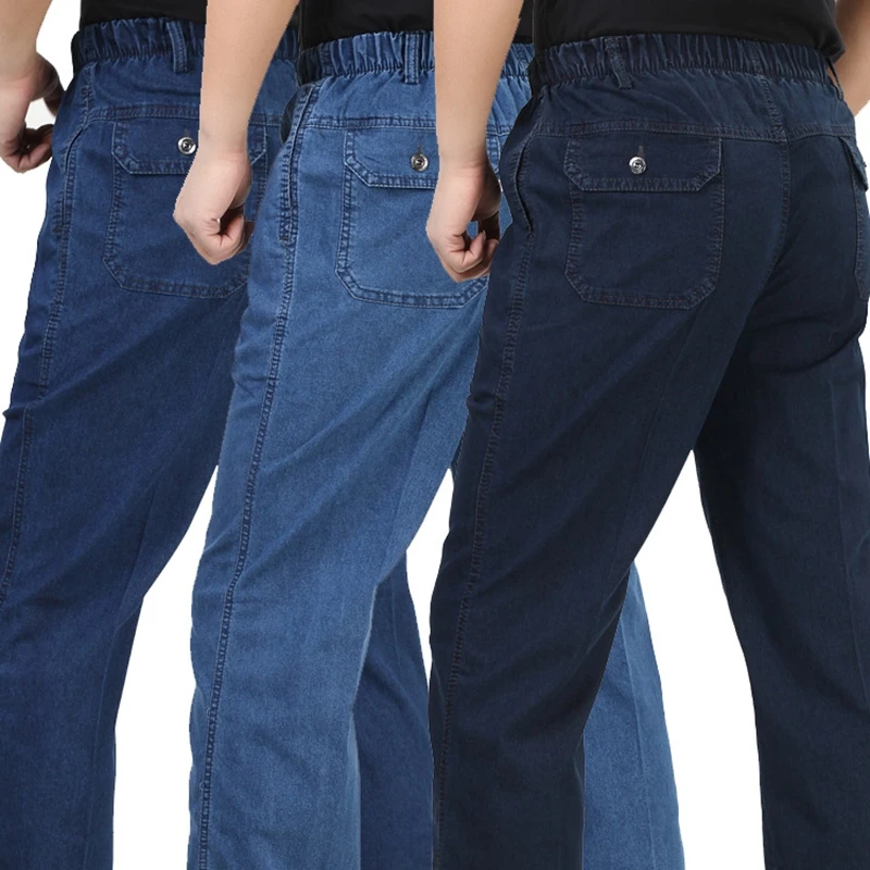 Kopen 2018 Nieuwe en Najaar zomer dunne elastische Mannelijke broek hoge taille Jeans katoen losse Plus Size Broek 30 42