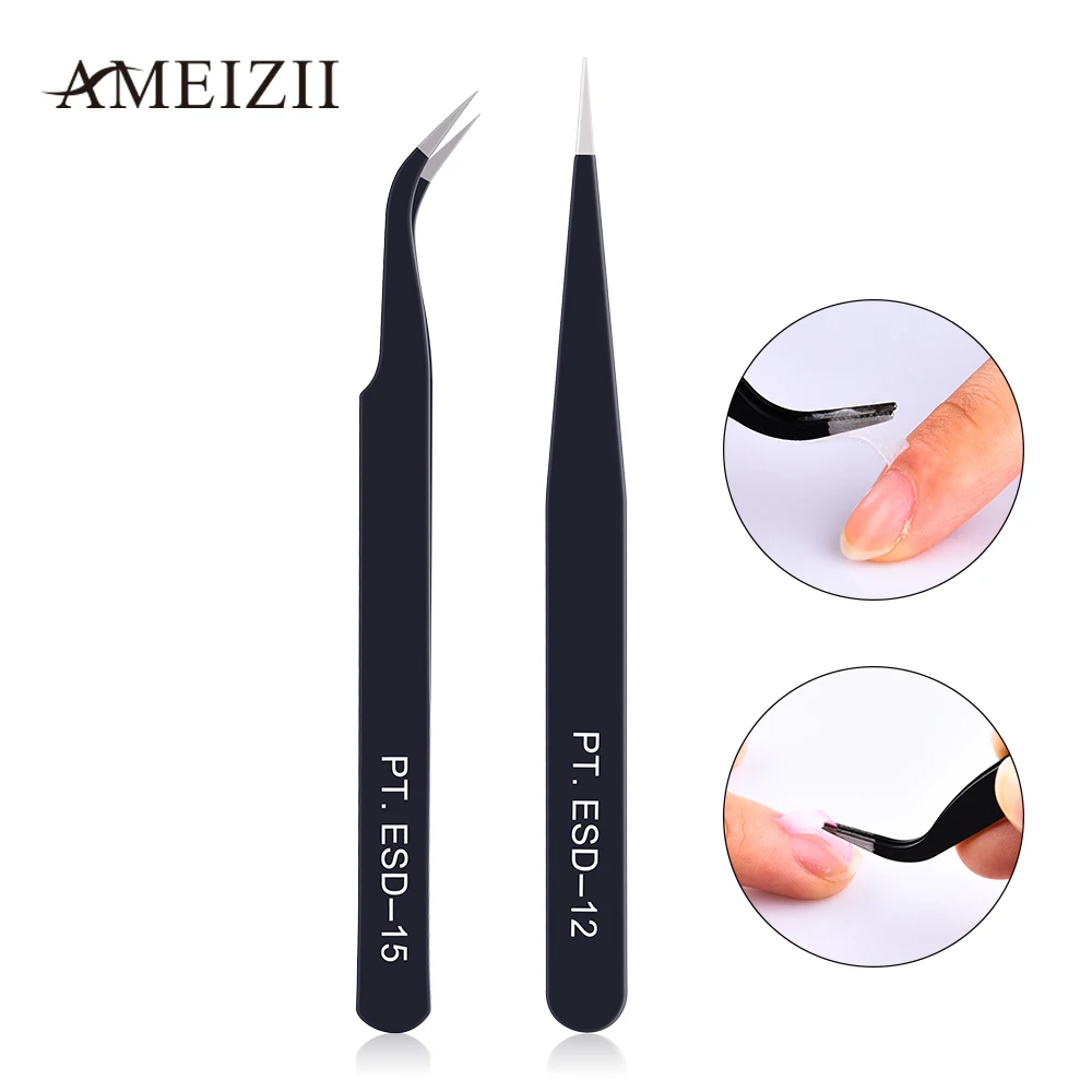 

AMEIZII 2Pcs/lot Anti-Static Stainless Steel Tweezers Curved Straight Eyelash Tip Nippers Eyebrow Eyelash Extension Repair Tools