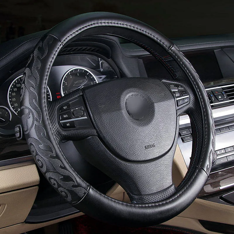 Black Genuine Leather Car Steering Wheel Covers Anti Slip 3D Printing
