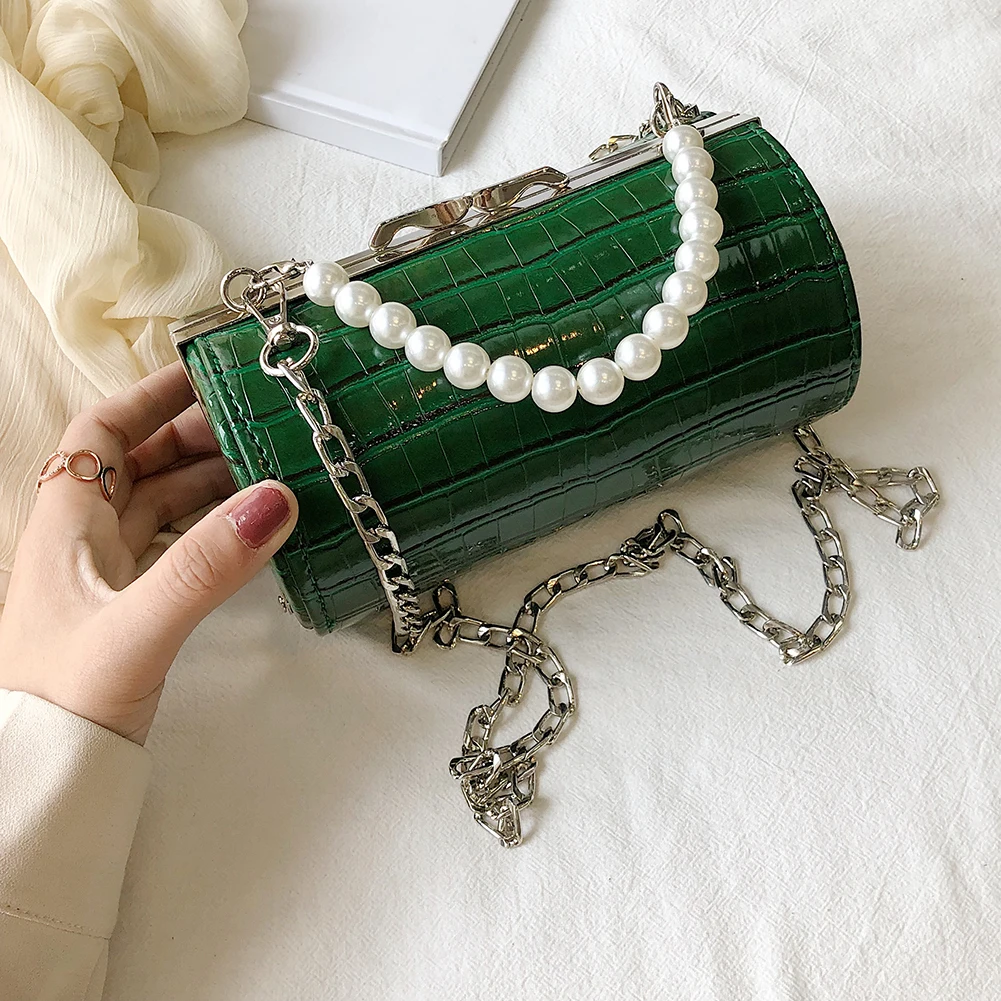  Women Cowhide Leather Clutch Bags Pearl Grain Cylinders PU Messenger Chain Bag Cylindrical Handbags