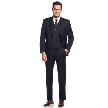 

Handmade Dark Navy Tuxedos Three Pieces Gentleman Suits Wedding Party Grooms Groomsmen Suits Custom Made Jacket Pants Waist