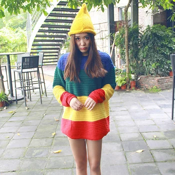 

Lychee Girls Rainbow Block Knitted Women Sweater Hit Color Stripe Long Sleeve Casual Loose Oversize Sweaters Winter Pullovers