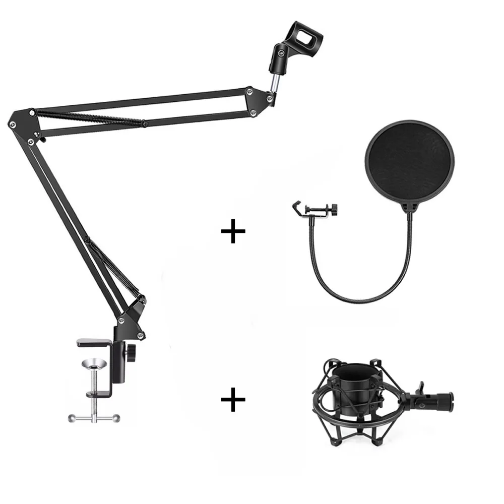 

Professional Metal Extendable Recording Microphone Stand Tripod Boom Scissor Arm Holder & Metal Shock Mount + Filter for Mic