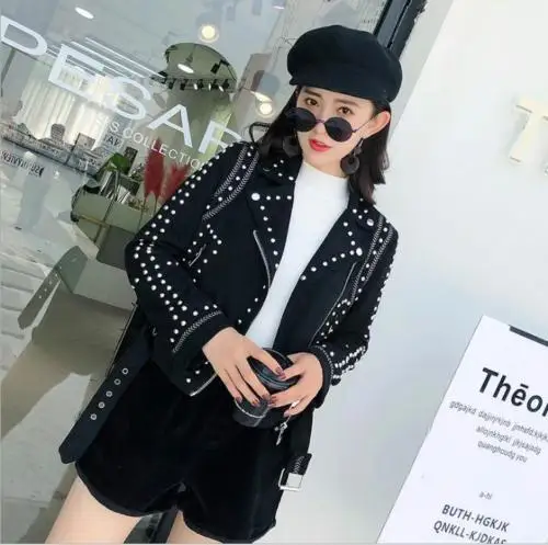 Studded Suede Short Long Sleeve Coat Women's Faux Leather Jacket Outwear  S33