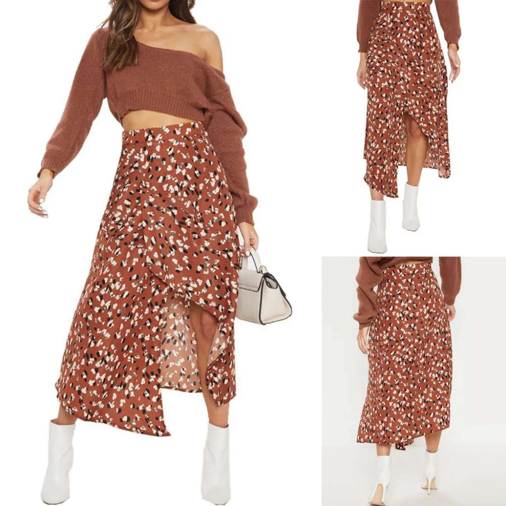 

Fashion Women's Print Casual Irregular Lady Beach Bohemian Skirt Floral Chiffon Print Medium Waist Wrap Skirt casual women L0301