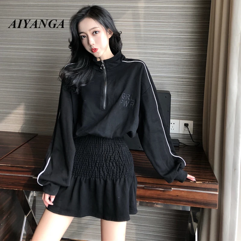 

2019 Women's Clothing Turtleneck Mini Sweatshirt Dress Female Spring Gothic Style Loose Side Striped Sport Pullover Vestidos Top