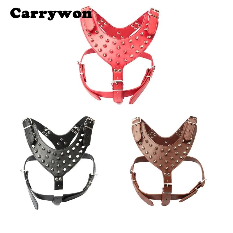 Carrywon Leather Spiked Collar Dog Harness Silver Rivet Studded Dogs