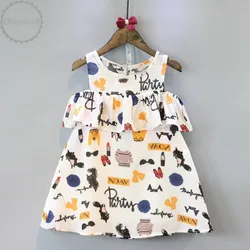 

Girls Dress Summer 2016 children sleeveless off shoulder ruffle dress kids clothes printed girls A-line dress outwear 3-7Ys