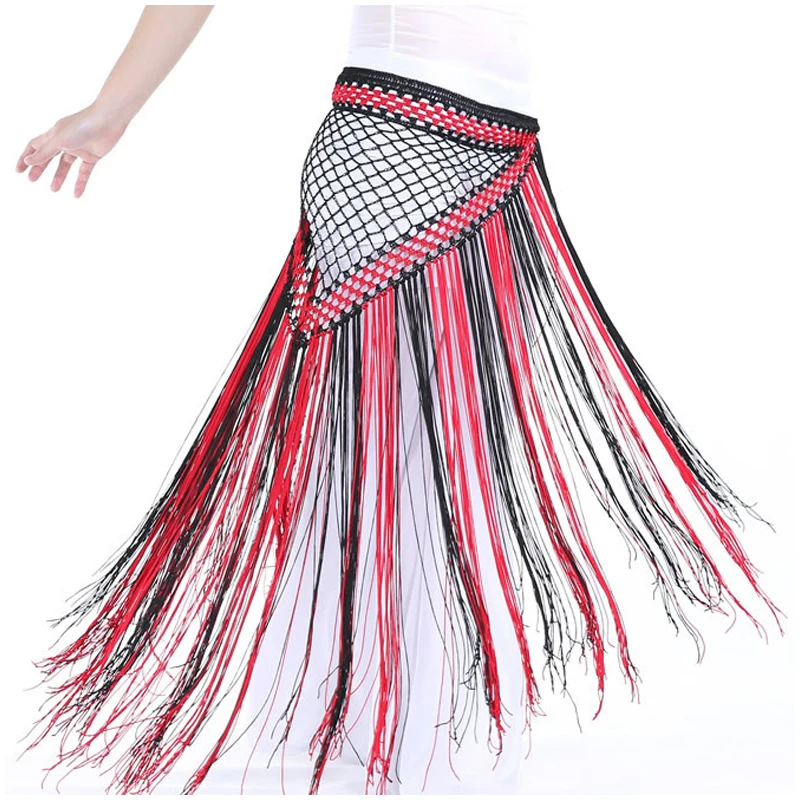 Племенные пояса женский танец живота костюм Талия цепь двойной цвет Аргентина треуголный набедренный шарф длинный Цыганская юбка пояс с кисточками - Цвет: black red