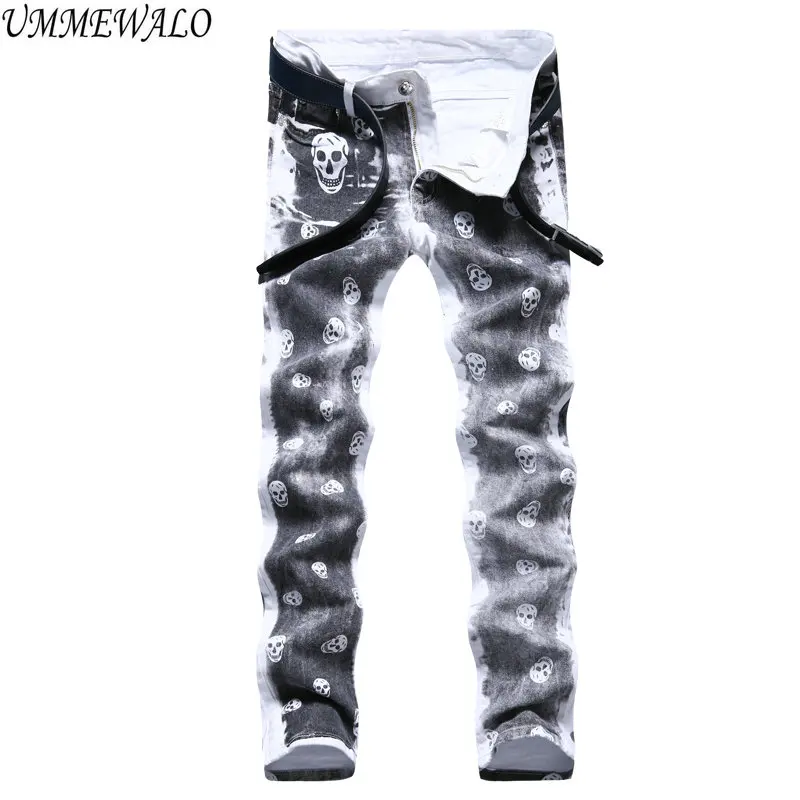 UMMEWALO Jeans Men Stretch Skull Printing Jeans Mens Designer Slim Fit