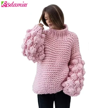 

ESDAMIER Women Oversized Hand Knitted Sweaters Turtleneck Sweater Pullovers Warm Loose Thick Sweater Jumper Lantern Sleeve