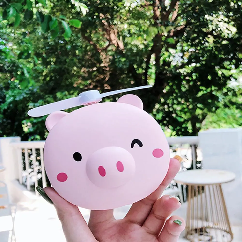 HobbyLane 1pcs Portable LED Cartoon Pig Fill Light Makeup Mirror Fan Bright Adjustable USB Charging Portable Handheld Mini Fan