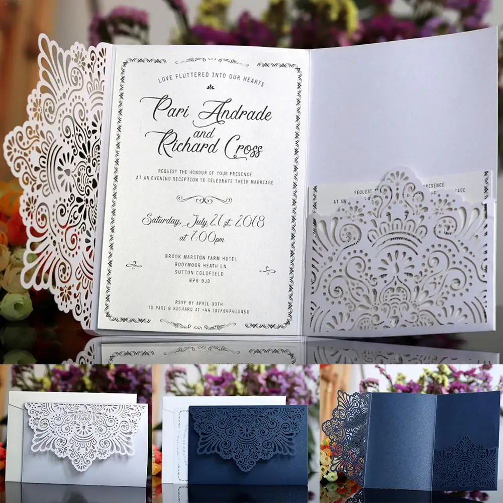  10PCS Lace Wedding Invitations Cards Laser Cut Tri-Fold Business European style invitation Cards Pa - 32902859609