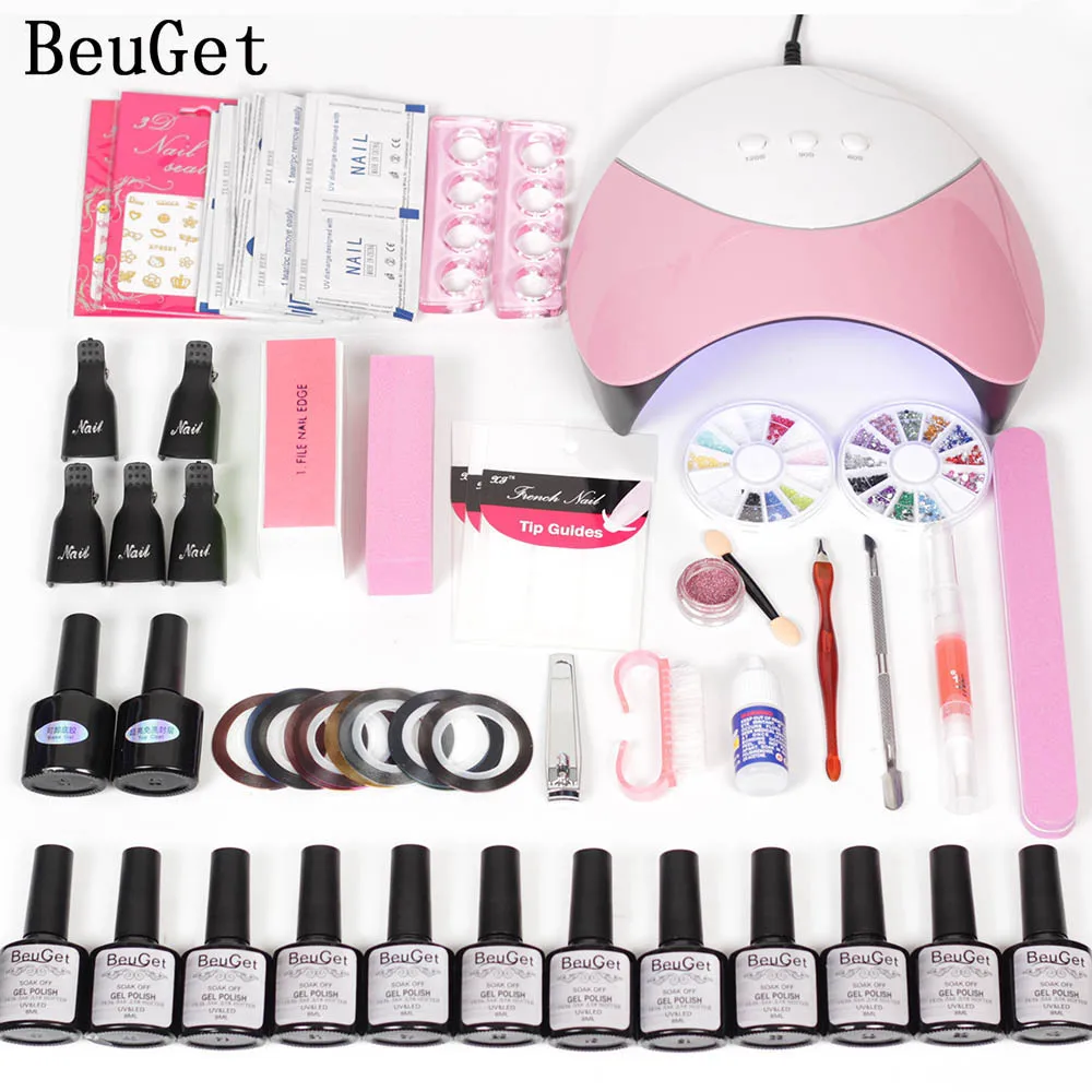 

BeuGet 12color nail gel polish kit 36W/24W LED dryer lamp DIY nail mirror powder Varnish nail art tools set for Manicure
