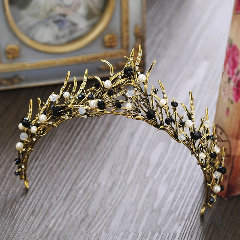 

European Retro Tiara Handmade Crystal Crown for Women Gold Tiaras Beauty Bridal Hair Accessories Wedding Diadem Branch Headband