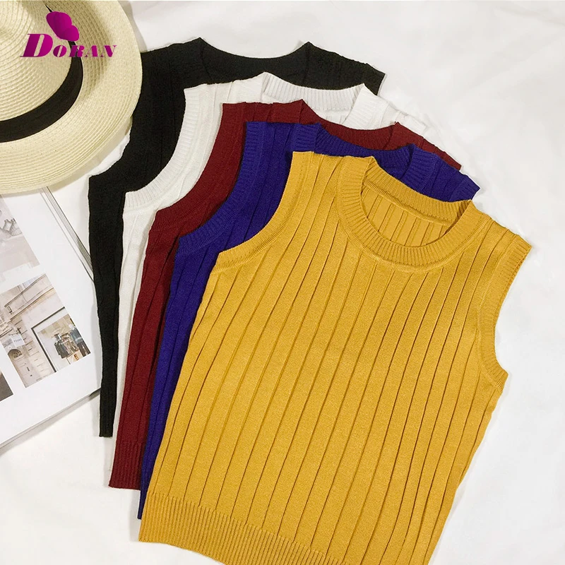 Goede DORAN Zomer Vrouwen Slanke Breien Cropped Tank Tops Vrouwelijke Gebreide Camis Mouwloze Solid T Shirts Korte Geel Zwart Crop Tops