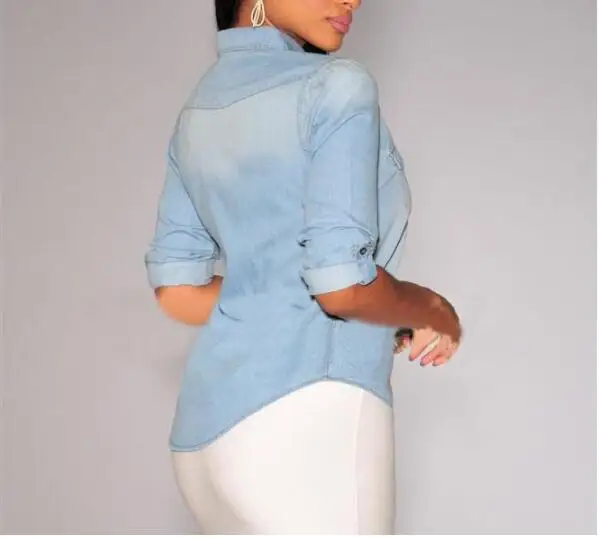 2021 New Spring Casual Cowboy Shirt Female Demin Long Sleeve Turn-down Collar Long Shirt Vintage  Pocket Jean Blue Blouse