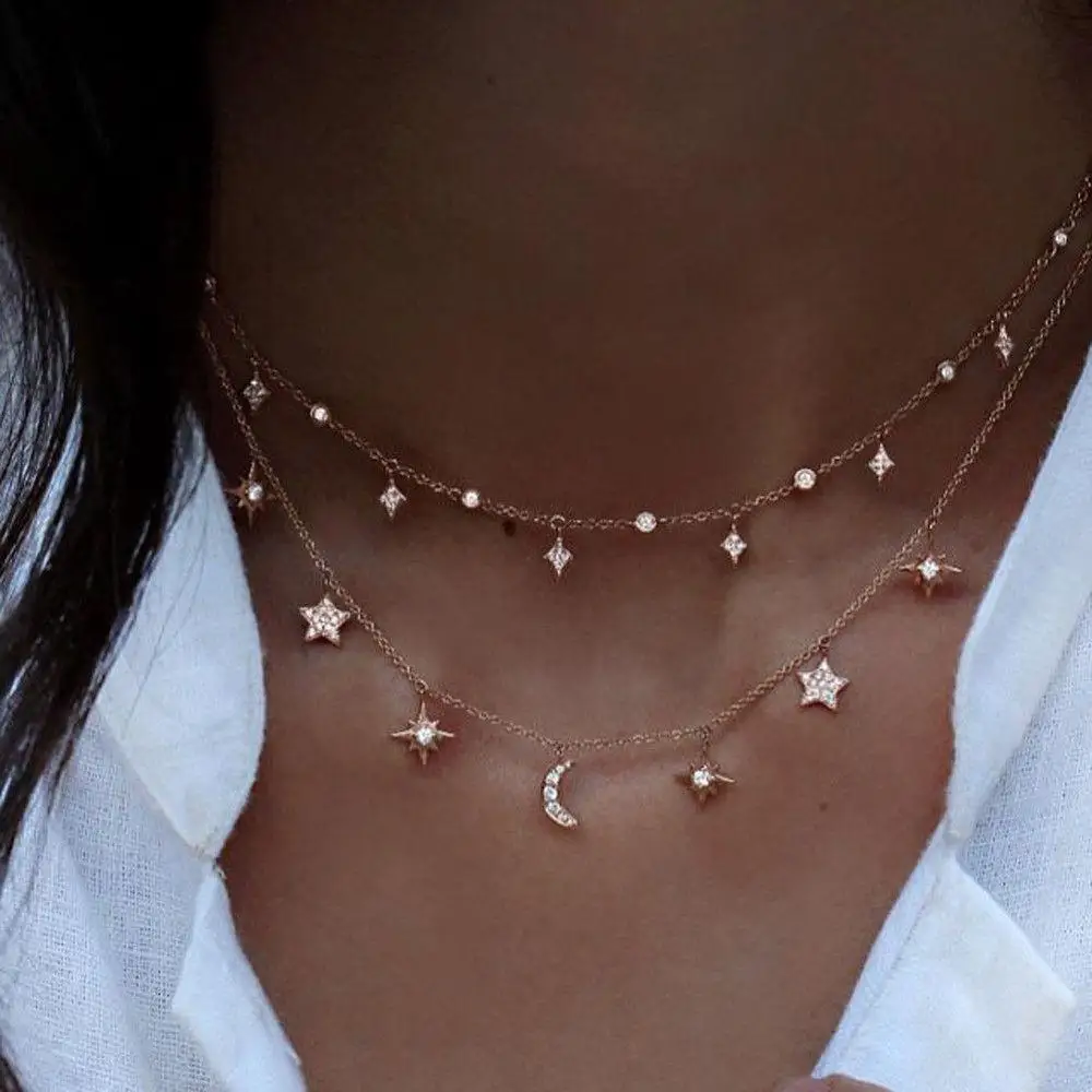 

Fashion Multilayer Choker Necklace Star Moon Chain Gold Women Summer Jewelry