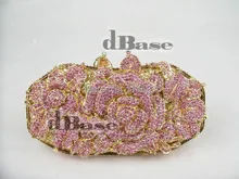 1514 PINK Crystal Floral Flower Rose Wedding Bridal Party Night Golden hollow Metal Evening purse clutch bag handbag