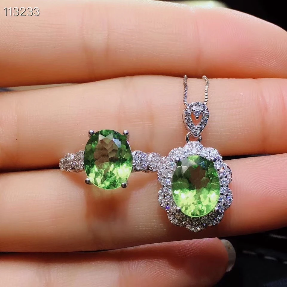 S925 серебро натуральный зеленый драгоценный камень перидота Кулон Кольцо натуральные ювелирные изделия из оливина Набор Мода Прекрасный Круглый Цветок женские вечерние ювелирные изделия