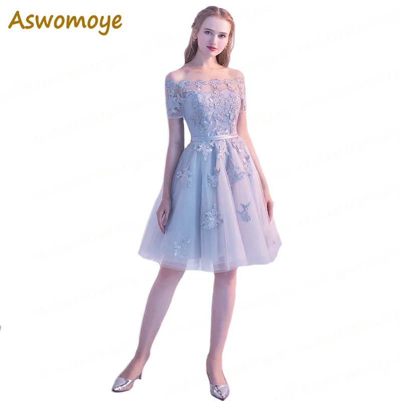 

Aswomoye Short Evening Dress 2018 New Arrival Illusion Boat Neck Prom Dresses Appliques Lace Party Dress robe de soiree