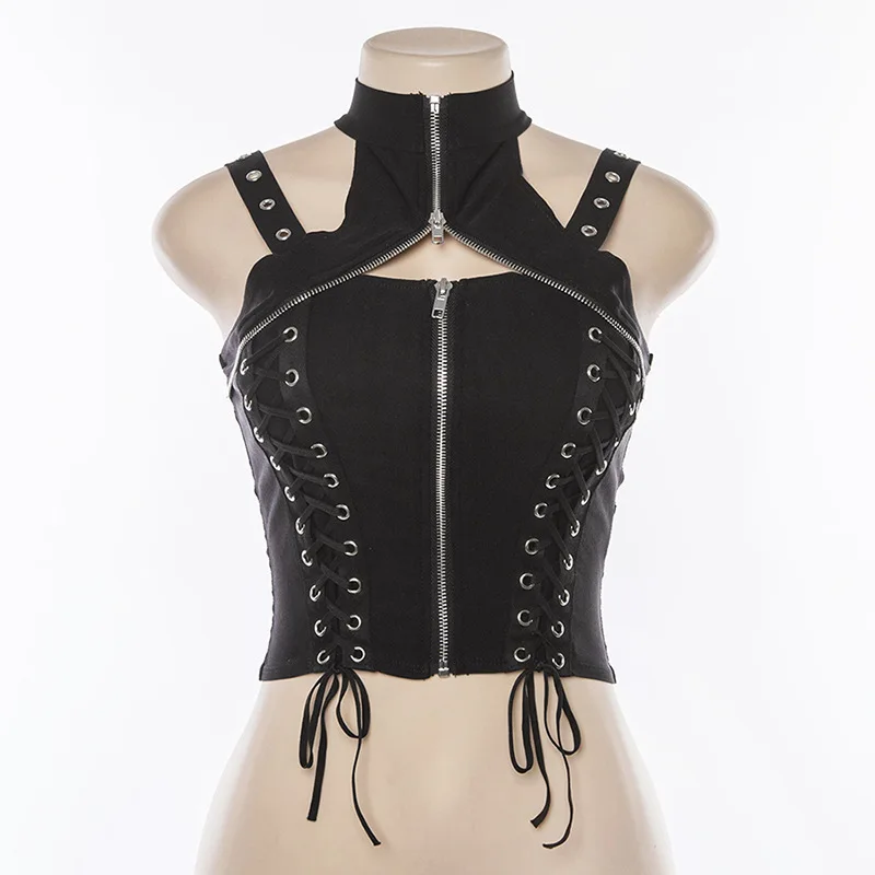 

New Arrival Gothic Punk Style women zipper Lace up black crop tank tops fashion hollow out bandage sexy short tank tops
