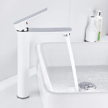 

White Chrome High Basin Faucet Tap Bath Mixer Single Lever Bathroom Kitchen Deck Mounted Faucets Hot and Cold Water