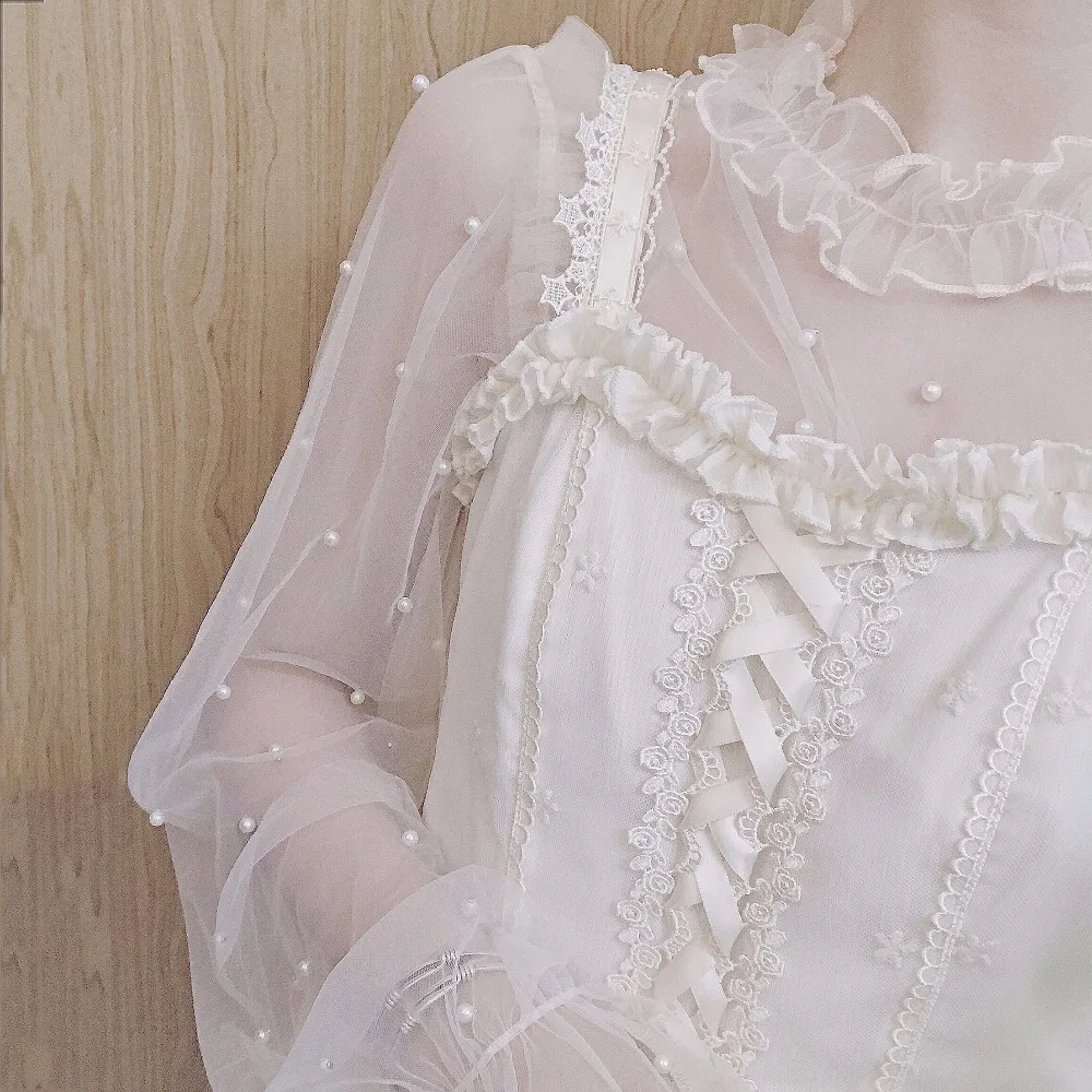 Блузки в стиле Лолиты с жемчугом и кружевным воротником, белые и черные майки с длинными рукавами, женские рубашки для девочек