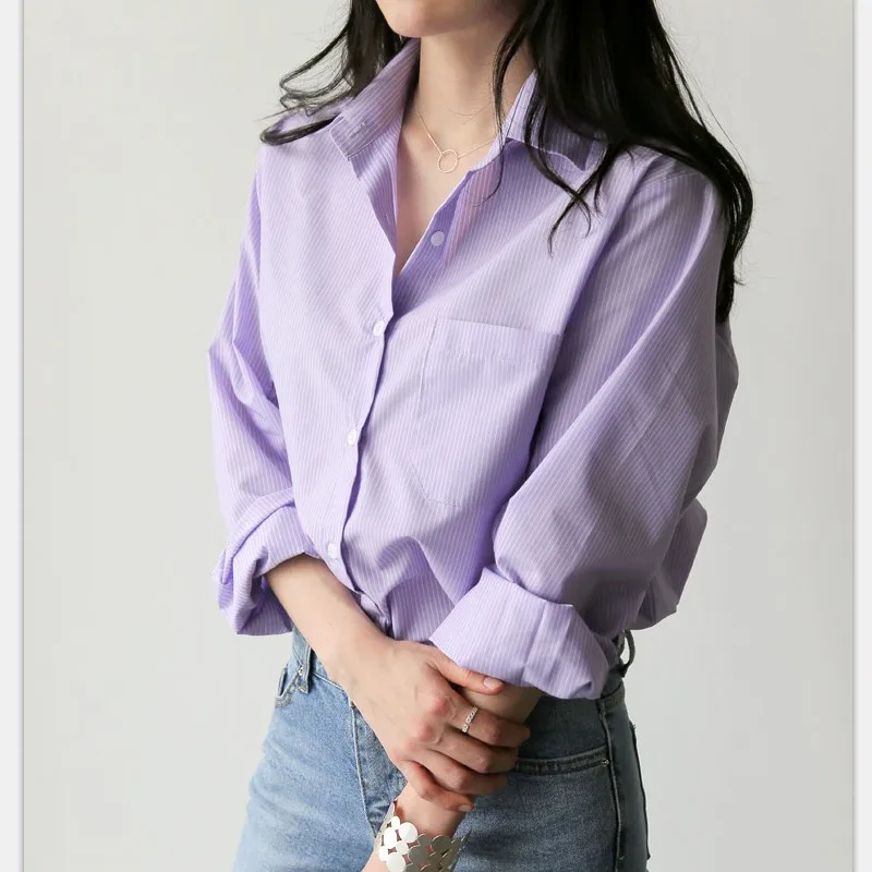 S-XL размера плюс однотонная фиолетовая женская рубашка с длинным рукавом и отложным воротником Повседневный Топ Новая летняя офисная блуза