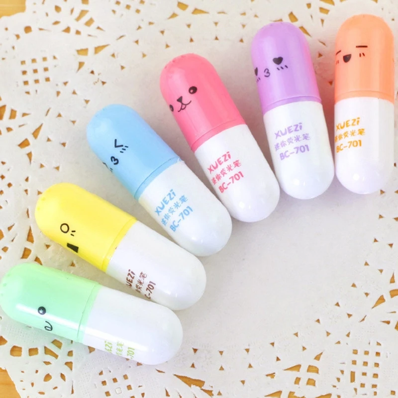 6 pcs Mini Pill Leaves Eggs Shaped Highlighter Pens For Writing Cute Face Graffiti Marker Pen Stationery School Office Supplies |