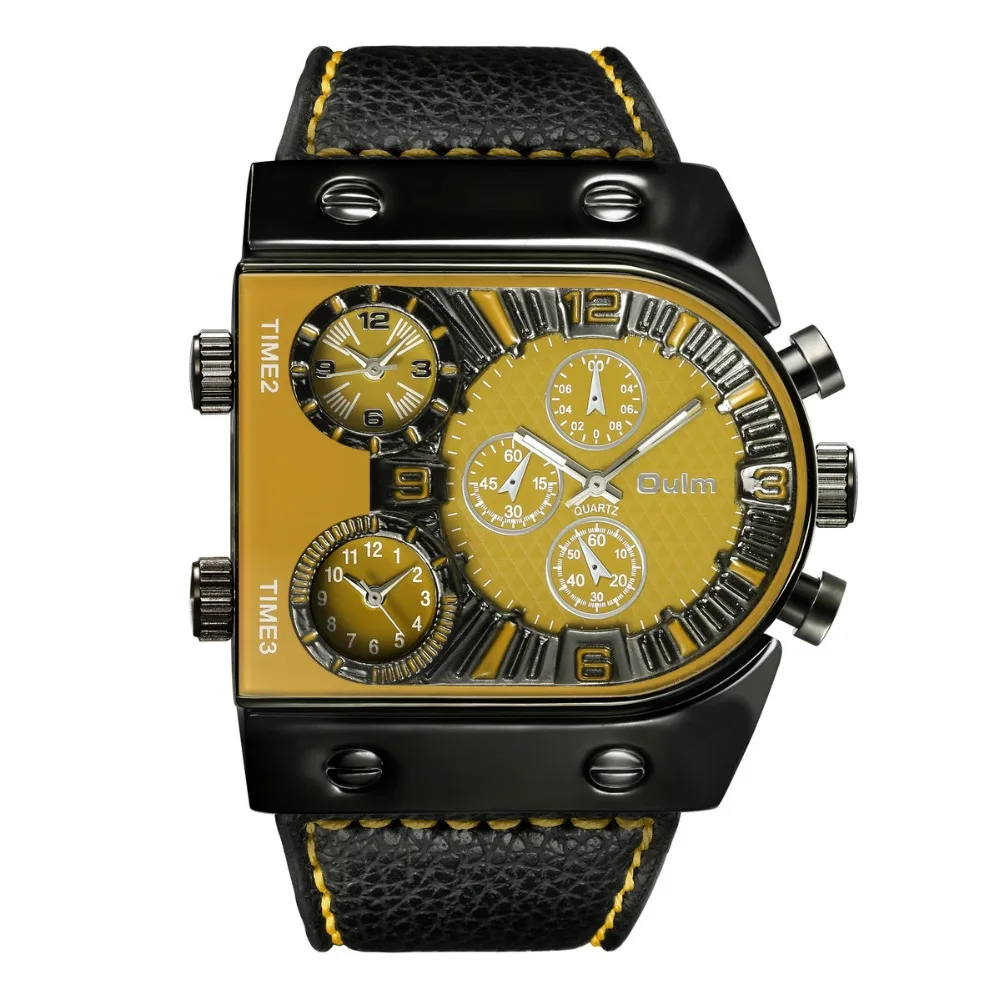 

OULM Military Outdoor Men's Quartz Wrist Watches 2018 Dual Time Zone Movement Stainless Steel Case Soft Leather Strap + BOX