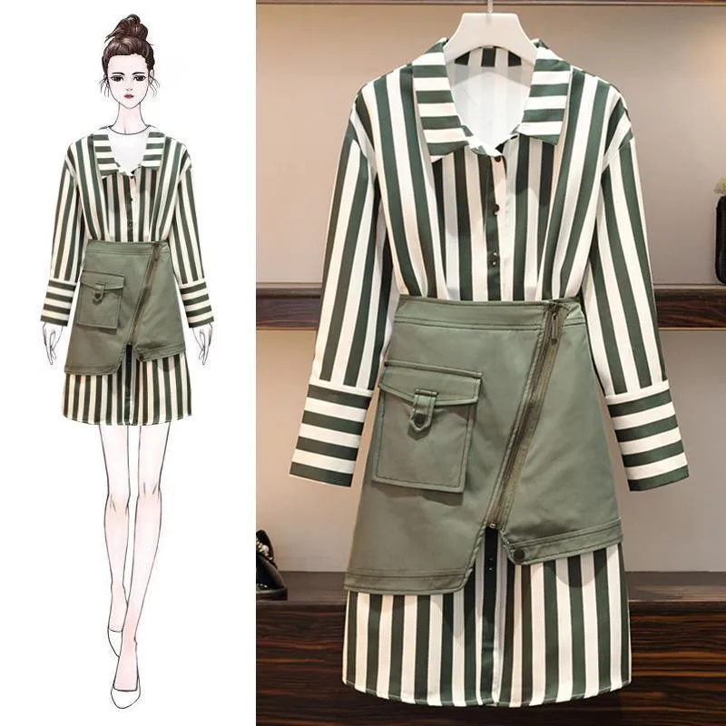 

2019 Spring Autumn Women Turn Down Collar Striped Shirt+A Line Asymmetry Slim Skirt Suits Female Casual Fashion 2 Pcs Sets Z363