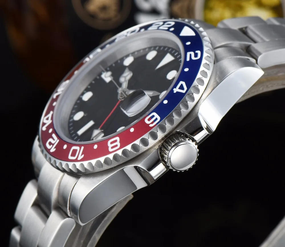 Автоматические часы 40 мм GMT Синий и Красный Безель стерильный циферблат часы с сапфировым стеклом браслет из нержавеющей стали движение A22-22