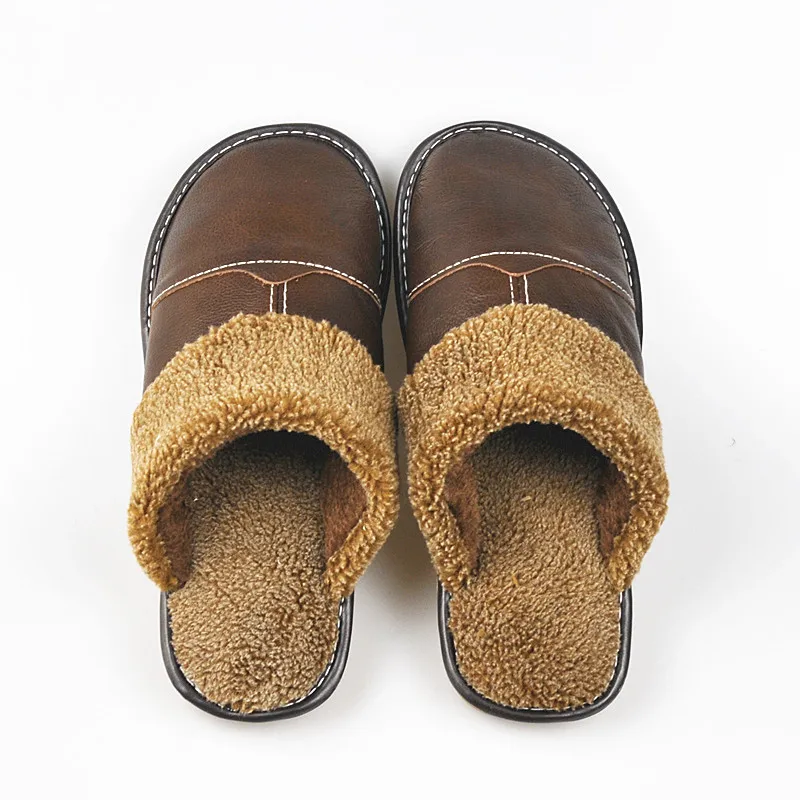 FAYUEKEY New Fashion Winter Leather Home Slippers Men Indoor Floor Outdoor Slippers Warm Cotton Plush Non-slip Flat Shoes 21