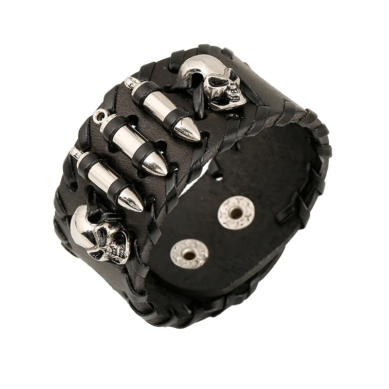 

Mens Leather Bracelet Black Wide Cuff Bracelets & Bangles Rock Skull Head and Bullets Silver Plated Baubles Charm Women Jewelry