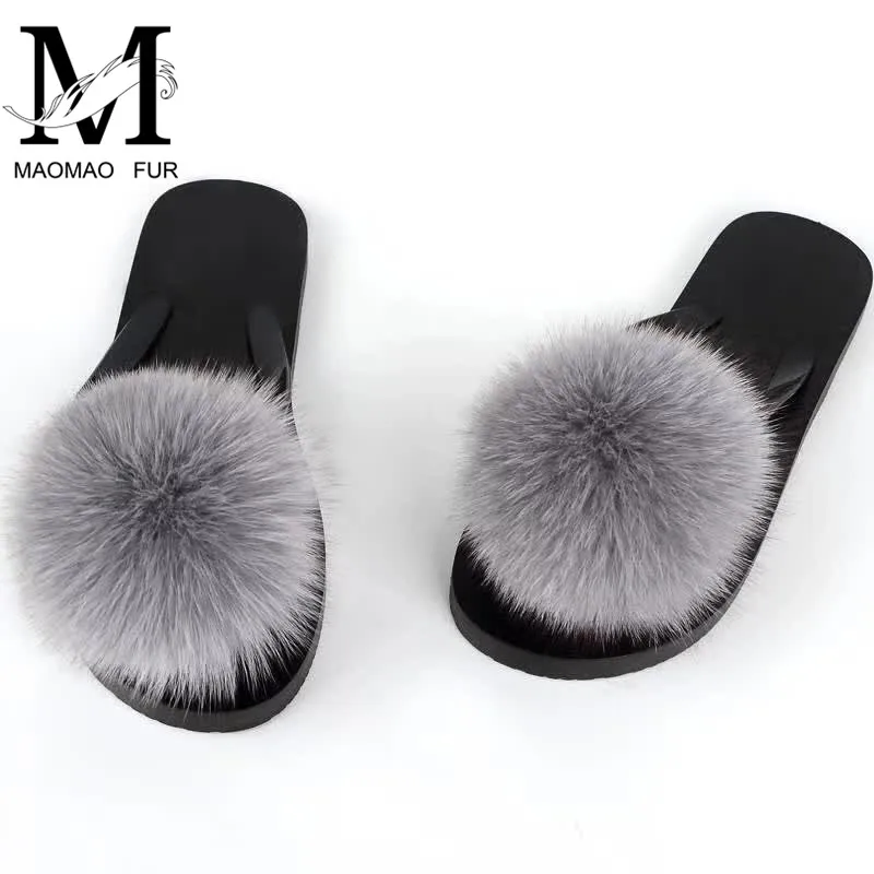 flip flops with fur pom pom