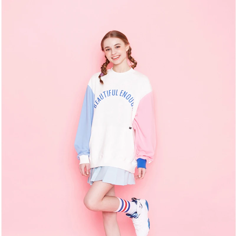 

Korean Women Cotton Tops Long Sleeve Stitching Letters Printed Lady Pullover Sweatshirts Autumn New Badminton Embroidery Hoodie