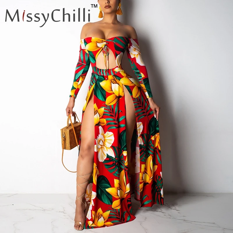 

MissyChilli Sexy black off shoulder floral dresses Women 2 piece suit bodycon dress boho Elegant summer long sleeve casual dress