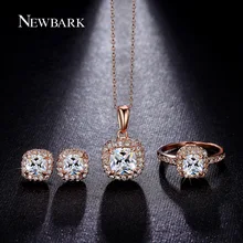 NEWBARK Classic Jewelry Set Square CZ Diamond Pendant Necklaces Rings Cute Stud Earrings Rose Gold And Silver Color Women Gifts