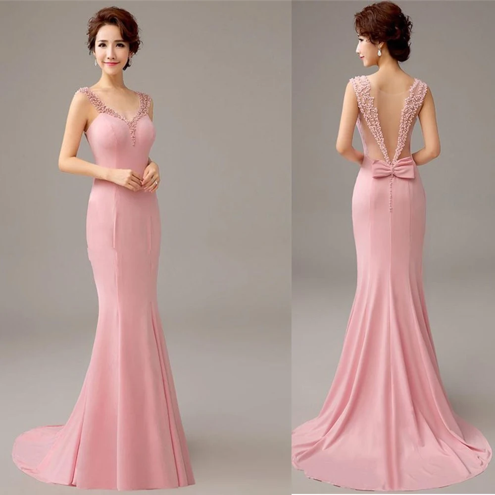 Pretty 2017 New Pink Mermaid Evening Dress with Pearls and Bow Formal Evening Gowns Long Party