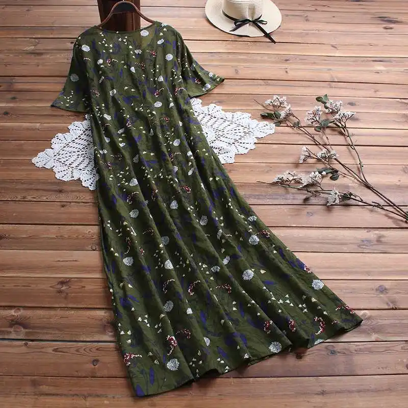 Женское винтажное хлопковое льняное платье с цветочным принтом, летнее платье с круглым вырезом и коротким рукавом, богемное длинное платье